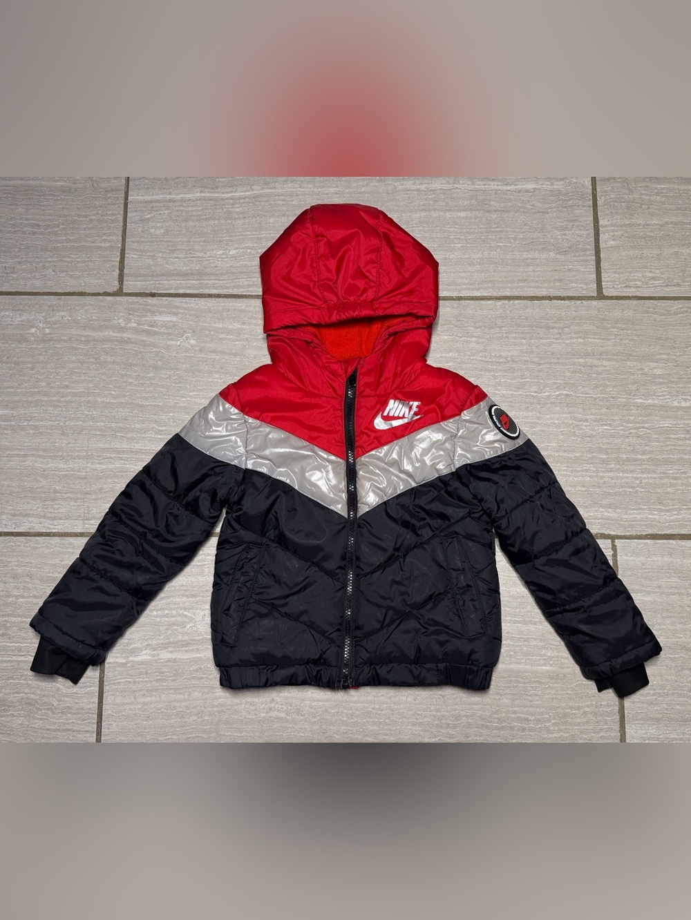 Nike Winter Fall Jacket Toddler Boys 3T Black Red Quilted Puffer Full Zip Hooded